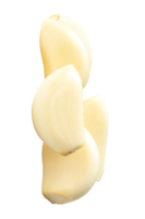 Four white peeled garlic cloves in heap isolated with clipping path in file format png
