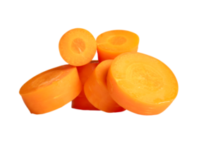 Clean orange carrot slices in circle shape in medium heap isolated with clipping path in file format png