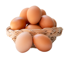 Large group of fresh cream chicken eggs in heap in wicker basket isolated with clipping path in file format png