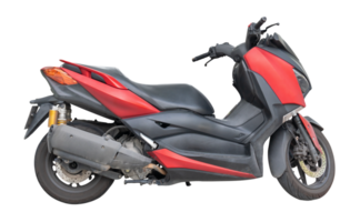 Side view of strong and beautiful red and black urban motorbike or motorcycle isolated with clipping path in file format png