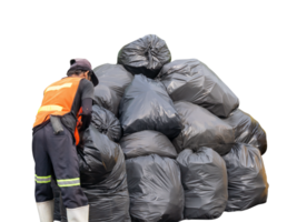 Garbage worker or trash collector collecting garbage in black plastic bags in giant stack isolated with clipping path in file format png
