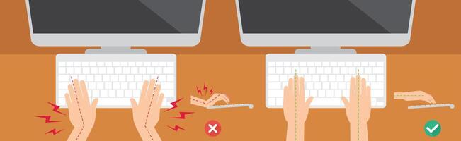 wrong and right ways for hand position in use keyboard and mouse illustration, vector
