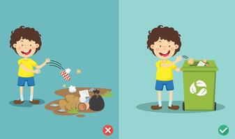 Do not throw littering on the floor.wrong and right. illustration vector