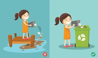 Do not throw littering on the floor.wrong and right. illustration vector