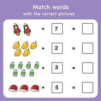 adding and match with pictures. Educational worksheet for preschool vector