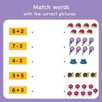 adding and subtract match with pictures. Educational worksheet for preschool vector