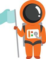astronaut standing on some planet with a flag in the space vector