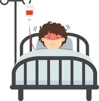 Kid boy lying in bed with high fever vector
