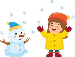Little girl and snowman illustration vector