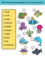 fill in the correct number in front of the picture education worksheet for kids illustration vector