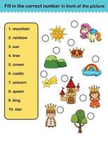 fill in the correct number in front of the picture education worksheet for kids illustration vector