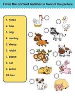 fill in the correct number in front of the picture education worksheet for kids illustration vector