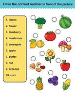 fill in the correct number in front of the picture education worksheet for kids illustration vector