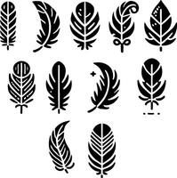 Feather icon set. Collection of black feathe on isolated background. Minimalist illustration. vector
