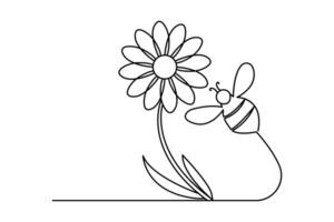Bee continuous one line art with black and white background vector