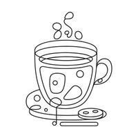 Coffee cup outline. Continuous line drawing with cup of coffee and coffee beans. Breakfast outline illustration. Line art for cafe vector