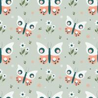 Seamless pattern with butterflies and flowers on a gray background vector