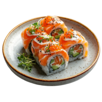 sushi roll on a plate with salmon and cucumber transparent background. png