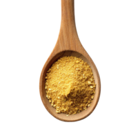 golden spice powder in wooden spoon on transparent background png