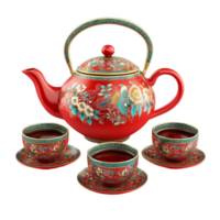 a red tea pot and two cups on a transparent background. png