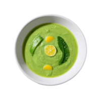 a bowl of green soup with lemon slices and cucumbers transparent background. png