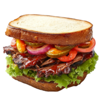 bbq sandwich with meat, lettuce, tomatoes and pickles transparent background png