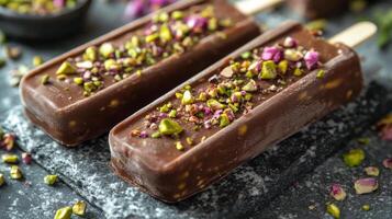 Delicious chocolate popsicles topped with nuts and rose petals for a refreshing treat photo