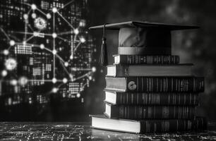 Cap and books symbolize learning and education in a classroom setting photo