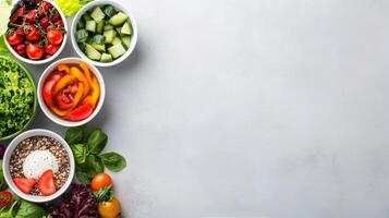 Colorful assortment of fresh salads and toppings displayed for a meal photo