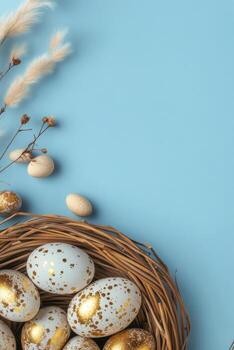 Freshly collected eggs nestled in a straw filled nest against a soft blue background photo