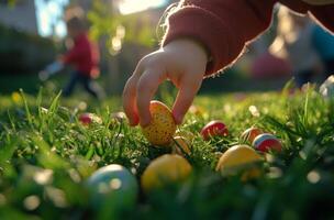 Child enjoying an outdoor Easter egg hunt during a sunny spring afternoon photo