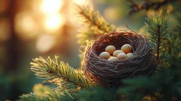 Nest with speckled eggs resting on a mossy tree branch in a serene natural setting photo