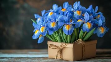 Beautiful bouquet of iris flowers in a simple vase on a rustic table photo