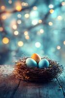 Colorful eggs nestled in a twigs nest with a soft glowing background in springtime photo
