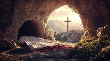 Serene cave interior with a bed and a cross overlooking a vibrant landscape photo