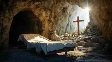 Peaceful cave setting with a cross illuminated by sunlight during the morning photo