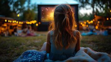 Summer evening outdoor movie experience for children enjoying a magical atmosphere photo