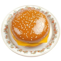 a hamburger on a plate with a flower pattern Transparent Background. png