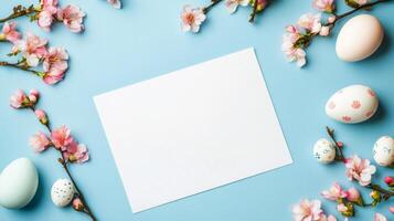 Creative spring layout with blank paper and cherry blossom flowers around pastel eggs photo