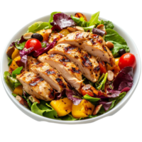 chicken salad with vegetables and tomatoes on a white plate Transparent Background. png