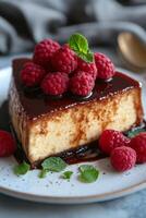 Creamy dessert with caramelized top and fresh raspberries on a rustic wooden table photo