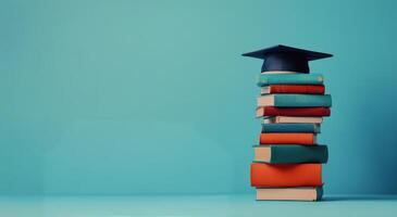 Graduation cap resting on stack of colorful books against teal wall in a study area photo