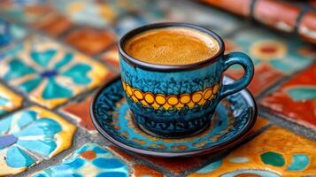 Warm coffee in a decorative cup with roasted beans on a textured surface photo