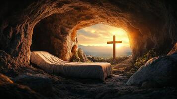 Peaceful cave setting with a cross illuminated by sunlight during the morning photo