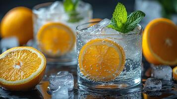 Refreshing citrus drink garnished with mint and ice cubes on a dark surface photo