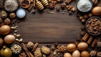 Ingredients for baking displayed on a rustic wooden table with various spices and nuts photo