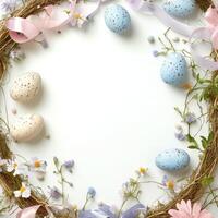 Decorative arrangement of pastel easter eggs and flowers with a blank card for messages photo