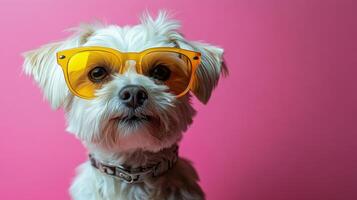 Stylish dog with yellow glasses posing against a vibrant pink background photo