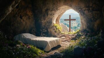 Serene cave interior with a bed and a cross overlooking a vibrant landscape photo