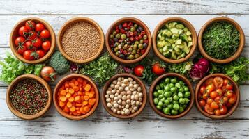 Colorful arrangement of fresh vegetables and herbs in bowls on a wooden surface photo